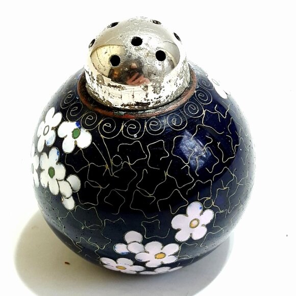 Chinese Cloisonne Salt  Vintage Enamel Brass Floral Black Blossoms  Pink - Picture 4 of 7